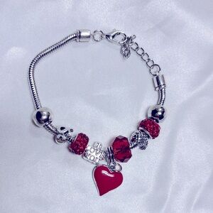 Silver and Red Heart Charm Bracelet